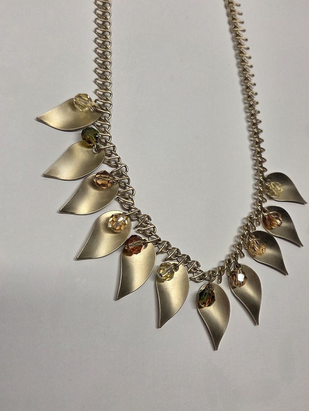 Vintage Matte Gold Leaf Charm Statement Necklace Faceted Crystal Beads Boho